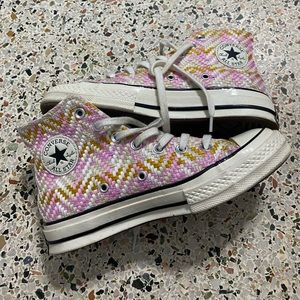 Checkered high top pink and orange converse